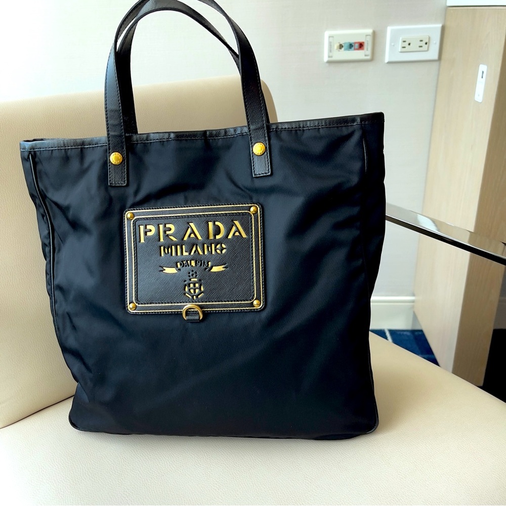 Prada Black Nylon/Safiano Leather Shopper Tote Bag